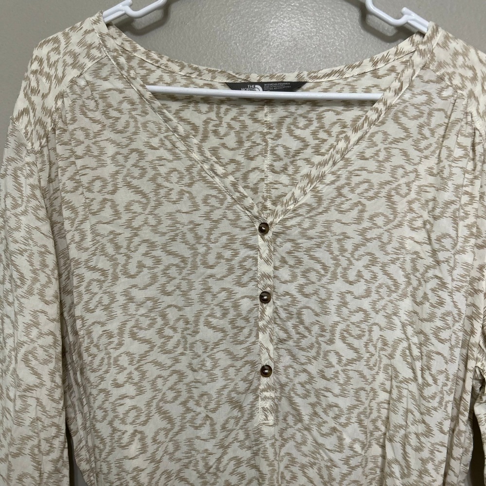 North Face Womens Tunic Blouse L Tan White Ikat 3/4 Sleeve Tie Waist Lagenlook - Picture 8 of 9